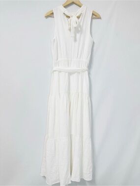 Anne Klein Womens White Tie Neck Belted Tiered Long Maxi Dress 6